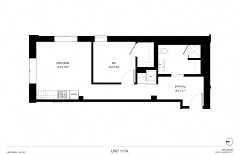 Floor plan for 1 bed, 1 bath, 638 sqft